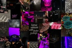 a collage of photos with neon lights and designs on them, including the words