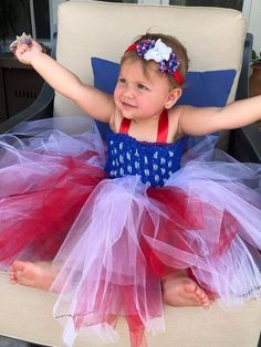 "This dress is perfect for your patriotic Princess! A soft, blue, lined stretch bodice is adorned with ribbon, tulle and red white and blue rhinestone buttons. 50 white peek a boo ribbons create the 50 stars on this dress. A floor length attached tutu skirt is created using over 75 yards of red and white tulle patterned to resemble the 13 stripes on the flag! The included headband is made of red stretch elastic and adorned with two red, white and blue chiffon flowers and a white chiffon, rhinestone center flower. Care Instructions: Hand wash and line dry.  Size Chart: Preemie  20\" SC    8\" L Newborn 20\" SC    8\" L 3 Months 20\" SC  10\" L 6 Months 20\" SC  11\" L 9 Months 20\" SC  12\" L 12 Months 20\" SC 13\" L 18 Months 22\" SC 14\" L 24 Months 22\" SC 15\" L 2T 22\" SC  16\" L 3T 22 Fitted Blue Tutu Dress For Summer, Summer Blue Fitted Tutu Dress, Patriotic Blue Dresses For 4th Of July, Blue Patriotic Spring Dress, Fitted Red Tutu Dress For Summer, Summer Red Tutu Dress For Dress-up, Red Summer Tutu Dress Costume, Fitted Sleeveless Dress For 4th Of July, Red Patriotic Dress For 4th Of July