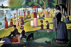 a painting of people in a park with umbrellas