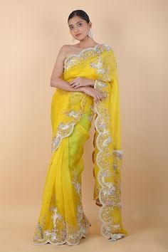 Mustard scallop trimmed saree with placement flower vine embroidery. Comes with unstitched blouse piece. - Aza Fashions Yellow Chikankari Embroidered Fitted Pre-draped Saree, Yellow Fitted Pre-draped Saree With Chikankari Embroidery, Fitted Yellow Pre-draped Saree With Chikankari Embroidery, Anamika Khanna, Flowering Vines, Blouse Piece, Floral Fabric, Floral Embroidery, Floral Flowers