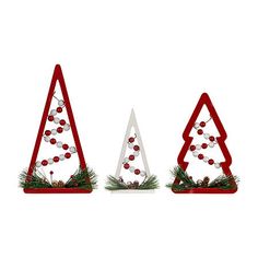 three red and white christmas trees with balls on them in front of a white background