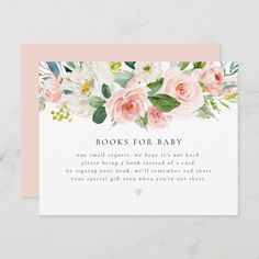 a baby shower book request card with pink flowers and greenery on the front, reads books for baby