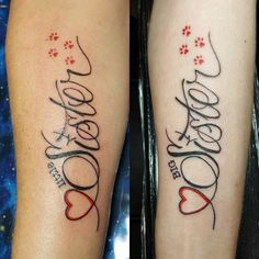 two tattoos with the words love and hearts on them are shown side - by - side