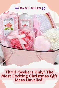 a pink suitcase filled with lots of different types of items and text that says thrift - seekers only the most exciting christmas gift ideas unveled