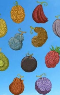 a bunch of different fruits and vegetables on a blue sky