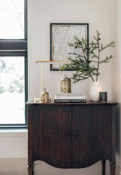 a wooden cabinet sitting next to a window with a plant on it's side