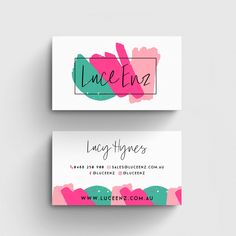 two business cards with pink and green paint strokes on the front, one in black and white