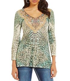 Reba "Holiday Gems" Metallic Print Tunic Top Fall Multicolor Embellished Tops, Bohemian Embellished Tops For Fall, Embellished Multicolor V-neck Tops, Printed Tunic Tops, Chic Clothing, Metallic Prints, Print Tunic, Clothing Apparel, Dillard's