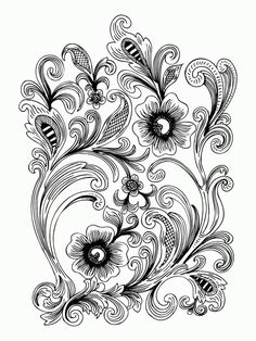 an intricate floral design with swirls and flowers in black ink on a white background