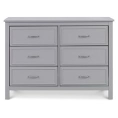 a gray dresser with six drawers and two doors