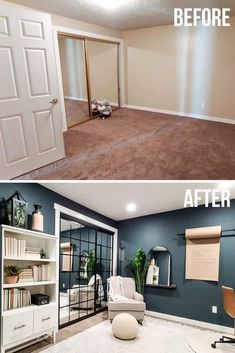 before and after photos of a living room with carpeted flooring, built in bookshelves