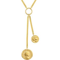 Revel in the charm of exquisite design with the mesmerizing allure of the Double Ancient Coin Y-Necklace on Curb Chain by Olas d'Oro. This exquisite piece is a harmonious blend of the past and the present, designed to captivate the hearts of discerning fine jewelry connoisseurs.Crafted with meticulous attention to detail, this lariat necklace features not one, but two ancient coins, each suspended delicately from a split Curb chain. These coins, steeped in history and tradition, add an air of ti Elegant Gold-tone Round Pendant Coin Necklace, Yellow Gold Clavicle Chain Coin Necklace, Elegant Lariat Necklace, Tarnish Resistant, Elegant Yellow Gold Coin Necklace With Adjustable Chain, Elegant Tarnish Resistant Lariat Necklaces, Gold Elegant Long Coin Necklace, Elegant Tarnish Resistant Lariat Necklace, Elegant Long Gold Coin Necklace, Tarnish-resistant Yellow Gold Coin Necklace