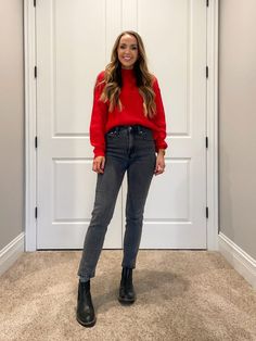 50+ Black Chelsea Boot Outfits to Copy - Merrick's Art Outfits With Red Sweater, Red Leather Chelsea Boots For Fall, Red Sweater Black Jeans Outfit, Red Chelsea Ankle Boots With Leather Sole, Chic Black Ankle-high Chelsea Boots, Red Chelsea Boots, Red Strappy Heels, Red Dress Pants