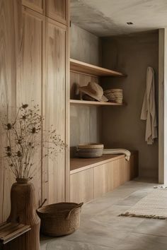 an empty room with wooden shelves and baskets on the floor, in front of a door