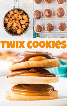 chocolate covered cookies stacked on top of each other with the words twix cookies above them