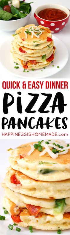 pizza pancakes are stacked on top of each other with the words quick and easy dinner pizza pancakes