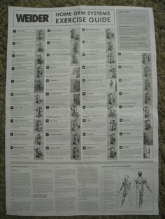 the home gym systems exercise guide is displayed on carpeted floor with instructions for how to use it