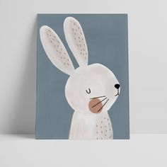 a painting of a white rabbit on a blue background