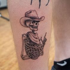 Western Tattoos Ideas, Beer Tattoos, Cowboy Skeleton, Skeleton Cowboy, Skeleton Tattoos