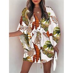 Season:Summer; Fabric:Polyester; Sleeve Length:3/4 Length Sleeve; Look After Me:Machine wash; Gender:Women's; Style:Stylish,Casual,Hawaiian; Elasticity:Micro-elastic; Occasion:Vacation,Daily,Beach; Fit Type:Regular Fit; Dresses Type:Casual Dress,Summer Dress; Pattern:Floral,Leaf; Design:Buttons,Print,Drawstring; Neckline:V Neck; Front page:FF; Listing Date:04/19/2024; Bust:; Length:; Shoulder Width:; Sleeve:; Fit US Size:; Fit UK Size:; Fit EU Size:; Dress Length Type:Mini Dress; Print Type:Prin Beach Fit, V Neck Mini Dress, Drawstring Neckline, Floral Dress Casual, Printed Drawstring, Light Hair, Mini Dresses Summer, Types Of Dresses, Dress Floral