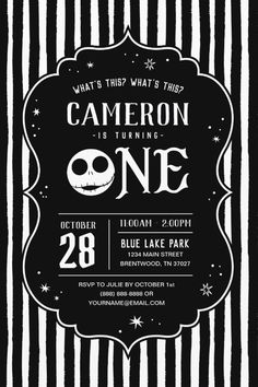 Jack Skellington First Birthday - ONE Invitation
Invite all your family and friends to your child's Nightmare Before Christmas themed First Birthday Party with these sweet invitations. Personalize by adding all your party details. Disney First Birthday, Jack Skellington Birthday, Dragon Birthday Invitations, Christmas Wedding Invitations, Birthday One