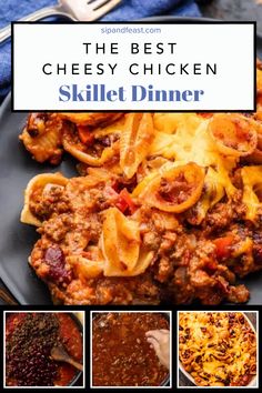 the best cheesy chicken skillet dinner is shown in this collage with different pictures