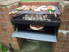 an outdoor bbq grill with pizzas and vegetables cooking on the outside side wall