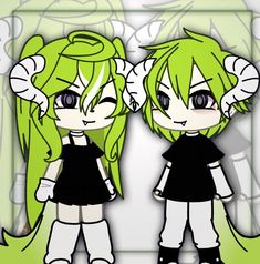 two green haired girls standing next to each other