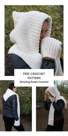 a woman wearing a white crochet hat and scarf with the text free crochet pattern