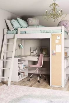 a loft bed with a desk underneath it and a ladder up to the top bunk