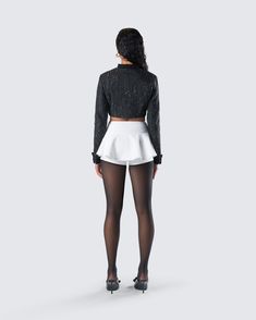 Being classy isn't a choice, it's a lifestyle 😌 With a black tweed cropped jacket and a white ruffle tiered skort, this chic two-piece set gives off a polished and sophisticated look that will intimidate them all 🤍 Chic Cropped Bottoms For Party, Elegant Cropped Bottoms For Party, Ruffled Mini Skirt For Fall Parties, Elegant Cropped Party Bottoms, Fall Party Mini Skirt With Ruffles, Chic Cropped Jacket For Party, Elegant Ruffled Crop Top For Party, Being Classy, Tweed Cropped Jacket