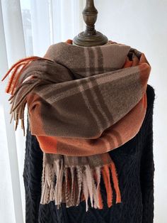 Fashion Imitation Cashmere Classic Vintage Scarf Headscarf Winter Women Ladies Men Preppy Plaid Brown Winter Shawl Scarves, Orange Shawl Scarves For Winter, Orange Winter Shawl Scarf, Warm Brown Scarf For Fall, Warm Brown Fall Scarf, Warm Brown Scarves For Cold Weather, Warm Brown Scarf For Cold Weather, Preppy Plaid, Wrap Shawl