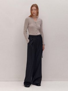 Composition : 80% wool 20% polyesterCountry of Origin : KOREA Cashmere Wide-leg Work Pants, Black Wool Pants For Fall, Black Wool Dress Pants For Fall, Chic Cashmere Workwear Pants, Chic Cashmere Pants For Work, Elegant Full Length Cashmere Pants, Black Wool Bottoms For Fall, Cashmere Trousers For Work, Winter Workwear Cashmere Bottoms