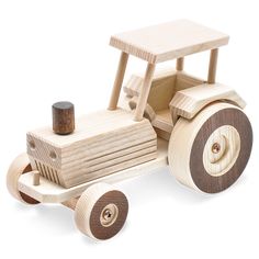 a wooden toy car with wheels on white background