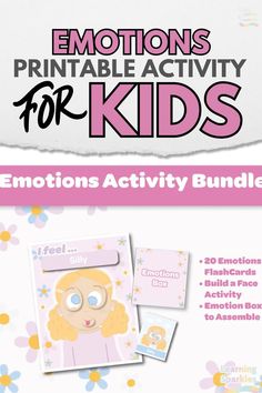 Colorful emotions printable activity for kids, featuring a ‘silly’ face flashcard, emotions box, and activity details on a floral background.