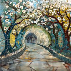 a mosaic art work with trees and flowers on the ground in front of a tunnel