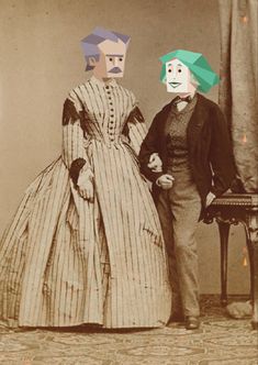 an old photo of two people dressed up in fancy clothes and paper masks, standing next to each other