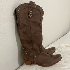 Soft Brown Leather Knee High Boots Size 7.5 Never Worn Casual Snip Toe Faux Leather Boots, Casual Faux Leather Snip Toe Boots, Casual Brown Snip Toe Heeled Boots, Brown Leather Knee High Boots, Leather Knee High Boots, Soft Brown, Shoes Heels Boots, Knee High Boots, High Boots