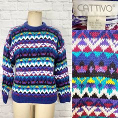 80s multicolor crazy knit sweater, good clean condition. cotton ramie blend. Size M Bust 44 Hip 40 Length 26 Sleeves aprox 25 includes drop shoulder 90s Style Multicolor Cotton Sweater, Dopamine Dressing, Rainbow Sweater, Grandpa Sweater, New Years Sales, Pullover Sweater Women, Unique Dresses, Women Pullover, Zig Zag