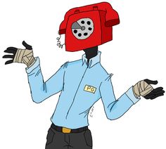 a drawing of a person with a red phone on their head and hands in the air