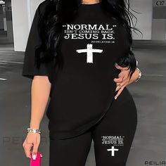 Peilia - Jesus Is Print Two-Piece Set: Short Sleeve Crew Neck T-Shirt and Shorts, Fashionable Spring and Summer Outfits, Womens Casual Clothing Black Printed Top For Loungewear, Black Printed Short Sleeve Sets, Black Stretch Sets With Letter Print, Black Crew Neck Sets With Graphic Print, Black Graphic Print Crew Neck Set, Black Graphic Print Sets With Crew Neck, Black Crew Neck Sets With Letter Print, Black Crew Neck Set With Letter Print, Spring And Summer Outfits