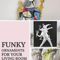 a collage of photos with the words funky ornaments for your living room on it