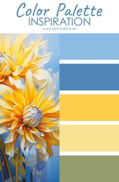 the color palette is blue, yellow and white with some flowers on top of it