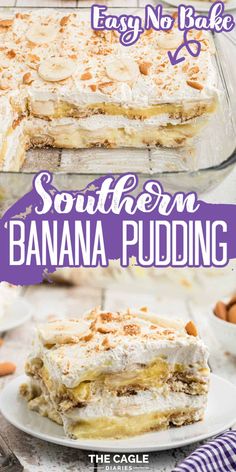 an easy no bake southern banana pudding recipe on a white plate with text overlay