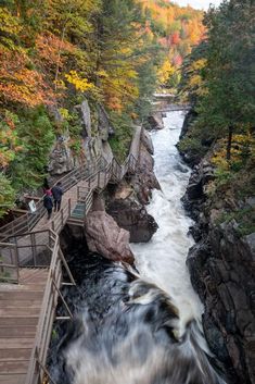 people are walking across a bridge over a river in the woods with fall foliage around them