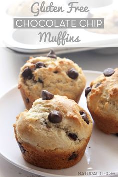 three chocolate chip muffins on a white plate