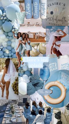 the collage shows blue and white balloons, people in swimsuits, and other items