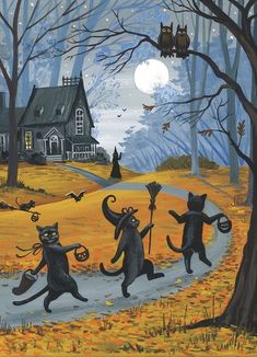 three black cats are dancing in the fall with bats and pumpkins on their feet