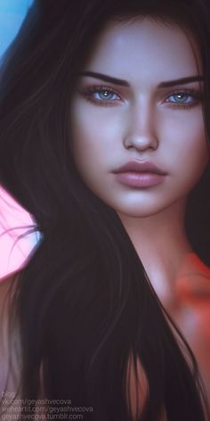 a woman with long black hair and blue eyes is shown in this digital painting style