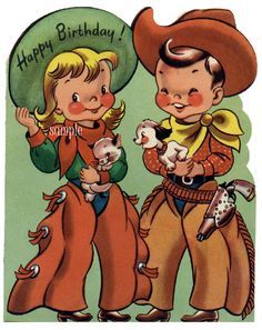 two children wearing cowboy hats and holding sheep in front of a sign that says happy birthday